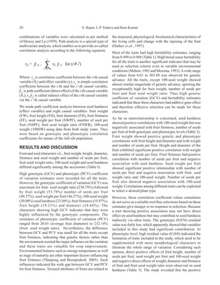 20                                             S. Rajan, L.P. Yadava and Ram Kumar

combinations of variables were calculated as per method               the structural, physiological, biochemical characteristics of
of Dewey and Lu (1959). Path analysis is a special type of            the living cells and change with the ripening of the fruit
multivariate analysis, which enables us to provide so-called          (Harker et al., 1997).
correlation analysis according to the following equation:
                                                                      Most of the traits had high heritability estimates, ranging
                                                                      from 0.499 to 0.988 (Table 1). High broad sense heritability
                                                                      for all the traits is another significant indicator that may be
                                                                      used as selection criteria even in variable environmental
                                                                      conditions (Mahon, 1983 and Messina, 1993). A wide range
                                                                      of values from 0.61 to 365.89 was observed for genetic
Where: ryi is correlation coefficient between the i-th causal
                                                                      advance. All the traits, except 100-seed weight showed
variable (Xi) and effect variable (y), rii’ is simple correlation
                                                                      almost similar magnitude of genetic advance, ignoring the
coefficient between the i-th and the i’-th causal variable,
                                                                      exceptionally high for fruit weight, number of seeds per
pyi is path coefficient (direct effect) of the i-th causal variable
                                                                      fruit and fruit seed weight ratio. Thus high genetic
(Xi), rii pyi is called indirect effect of the i-th causal variable
                                                                      coefficient of variation (GCV) and heritability estimates
via the i’-th causal variable.
                                                                      indicated that these three characters had additive gene effect
We made path coefficient analysis between seed hardness               and therefore effective selection can be made for these
(effect variable) and eight causal variables: fruit weight            characters.
(FW), fruit height (FH), fruit diameter (FD), fruit firmness
                                                                      As far as interrelationship is concerned, seed hardness
(FF), seed weight per fruit (SWPF), number of seed per
                                                                      showed positive correlations with 100-seed weight but was
fruit (NSPF), fruit seed weight ratio (FSWR), 100-seed
                                                                      negatively associated with fruit firmness, number of seeds
weight (100SW) using data from both study years. They
                                                                      per fruit at both genotypic and phenotypic levels (Table 2).
were based on genotypic and phenotypic correlation
                                                                      Fruit weight showed positive genetic and phenotypic
coefficients for means of the full-sib population.
                                                                      correlations with fruit height and diameter and with weight
                                                                      and number of seeds per fruit. Height and diameter of the
RESULTS AND DISCUSSION
                                                                      fruit exhibited significant positive correlation with weight
Fruit and seed characters viz., fruit weight, height, diameter,       and number of seeds per fruit. Fruit firmness had positive
firmness and seed weight and number of seeds per fruit,               correlation with number of seeds per fruit and negative
fruit seed weight ratio, 100-seed weight and seed hardness            association with seed hardness. Seed weight per fruit
differed significantly among the accessions (Table I).                showed significant positive relationship with number of
High genotypic (GCV) and phenotypic (PCV) coefficient                 seeds per fruit and negative association with fruit: seed
of variation estimates were recorded for all the traits.              weight ratio and 100-seed weight. Number of seeds per
However, the genotypic coefficient of variation (GCV) was             fruit also showed negative association with 100-seed
maximum for fruit: seed weight ratio (230.79%) followed               weight. Correlations among different traits can be exploited
by fruit weight (53.78%) number of seeds per fruit                    to select a desired plant type.
(49.37%), seed weight per fruit (46.27%), 100-seed weight             However, these correlation coefficient values sometimes
(30.00%) seed hardness (25.04%), fruit firmness (19.87%),             do not serve as a reliable tool thus selections based on these
fruit height (19.21%) and diameter (18.68%). The                      estimates give meager or no response to selection. Because
characters showing high GCV indicates that they were                  a trait showing positive association may not have direct
highly influenced by the genotypic components. The                    effect on seed hardness but may contribute to seed hardness
estimates of phenotypic coefficient of variation (PCV)                indirectly via other traits. The genotypic (0.076) residual
ranged from 20.01 (average fruit diameter) to 232.14%                 value was fairly low, which apparently showed that variables
(fruit: seed weight ratio). Nevertheless, the difference              included in this study had significant contribution. At
between GCV and PCV was small for all the traits except               phenotypic level, high residual value (0.268) indicated the
fruit firmness, indicating that genetic factors rather than           limitation of traits included in the study, which need to be
the environment exerted the major influence on the variation          supplemented with more morphological characters to
and these traits are valuable for crop improvement.                   illustrate the whole range of variation. Considering such
Environmental features such as storage temperature as well            opinion, direct positive effects of fruit height, number of
as stage of maturity are other important factors influencing          seeds per fruit, seed weight per fruit and 100-seed weight
fruit firmness (Thaipong and Boonprakob, 2005). Such                  and negative direct effects of weight, diameter and firmness
influences indicated the wide gap between GCV and PCV                 of fruit and fruit seed weight ratio were observed on seed
for fruit firmness. Textural attributes of fruits are related to      hardness (Table 3). The study revealed that the positive
 