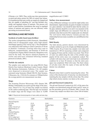 34                                                 K.S. Subramanian and C. Sharmila Rahale

(Chirenje, et al., 2005). Thus, zeolite may show great promise             magnification and 12.50KV.
as anion and cation carriers for CRFs to control zinc release.
It is hypothesized that nano zeolite are negatively charged and            Surface Area measurement
they are capable of adsorbing Zn2+ ions that facilitate slow               X-Ray Diffraction technique was used for rapid surface area
steady and regulated release of nutrients. This process will               determination. Approximately one gram of samples was dusted
result in nano-fertilizer formulations that assist to regulated            on a glass substrate. Care should be taken that the surface on
release of nutrients and improve zinc use efficiency while                 the glass substrate should be even and it was mounted on the
preventing environmental hazard.                                           sample stage and diffraction was measured. From this an
                                                                           automatic strip chart record of the sample peak was obtained.
MATERIALS AND METHODS                                                      The well known Deby-Scherrer formula provides the
                                                                           relationship between mean crystallite size and diffraction line
Synthesis of zeolite based nano-fertilizer                                 breadth.
The zeolite (clinoptilolites) (GM Chemicals, Ahmedabad,
India) were of vulcanoclastic origin, with a high cationic                 Bulk Density
interchange capacity [270 C mol (p+) kg-1]. The clinoptilolite             The bulk density, particle density were determined by
was subjected to ball milling to achieve particles of 30 nm                cylinder method as given by (Gupta and Dhakshinamurthi,
in diameter. Commonly occurring nano-clays such as                         1980). Exactly 20 g of nano-clay samples were taken and
halloysite, montmorrilionite, and bentonite of 30-40 nm                    transferred to 100 ml measuring cylinder and compacted
sized particles (Sigma Aldrich chemicals, Bangalore) were                  by tapping 20 times and the volume was noted. Then 50 ml
used for the study. The physico chemical properties of                     of water was added along the sides of the cylinder using
zeolite and nano-were estimated following standard                         pipette till the entire mass was completely soaked. The
protocols (Cichocki, 2001).                                                cylinder with nano-clays and water kept in an undisturbed
                                                                           condition for at least 30 minutes so that the entire pore
Particle size analysis                                                     space was completely filled with water. The final volume
The samples were analyzed for size using DELSA Nano                        of soil plus water after the expiry of time and the bulk
Particle Size Analyzer (Beckman Coulter Counter, Model                     density was calculated.
ZM, Beckman Instruments, Fullerton, CA). All samples
were dispersed in deionized water. The sample was                          Colour
sonicated using Sonicator (Model MS-50, Heat Systems,                      Munsell colour chart is used for measuring the colour. The
UIltrasonics, Inc., USA) for five minutes at 1500rpm before                colour of the dried powder of nanoclay was determined by
the average particle size measurement was done.                            matching the clay samples with the colour chip. The colour
                                                                           chip which closely matches was taken as the colour.
Shape
The Scanning Electron Microscopy (FEI, Quanta 200,                         pH and Electrical Conductivity
Phillips, Netherlands) was used to get the shape of the nano-              The pH and Electrical Conductivity (EC) of the nano-clay
clays. About 0.5 to 1.0 g of nano-clay sample was dusted                   samples was determined using pH meter and EC meter as
on the carbon conducting tape. Then the tape was mounted                   per the procedure given by (Cichocki, 2001). Exactly 20g
on sample stage and the images were taken in 16,000                        of nano-clay sample was taken into a clean 100 ml beaker.

Table 1: Physical and chemical properties of nano-zeolite and nano-clays

Parameters                               Zeolite                  Montmorillonite               Halloysite                Bentonite

Physical Properties
Size (nm)                               25-30                      30-40                         30-40                     30-40
Shape                                   Cubical                    Irregular Flakes              Tubular                   Round
Surface Area (m2 g-1)                   1300                       1000                          150                       80
Bulk Density (g cc-1)                   0.30                       0.46                          0.35                      0.90
Color                                   5Y 7/4                     5Y 8/1                        2.5Y 8/2                  2.5Y 7/4
Chemical Properties
pH of 1% slurry                         7.9                        8.0                           8.2                       10.4
EC (dSm-1)                              0.02                       0.02                          0.03                      0.35
CEC (C mol(p+) kg-1)                    270                        180                           80                        60
SiO2/Al2O3 molar ratio                  1.95                       1.83                          1.72                      1.65
 