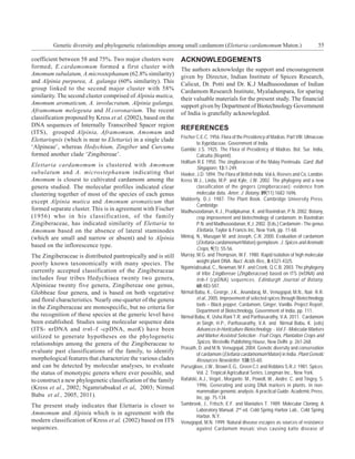 Genetic diversity and phylogenetic relationships among small cardamom (Elettaria cardamomum Maton.)                            55

coefficient between 58 and 75%. Two major clusters were        ACKNOWLEDGEMENTS
formed; E.cardamomum formed a first cluster with               The authors acknowledge the support and encouragement
Amomum subulatum, A.microstephanum (62.8% similarity)          given by Director, Indian Institute of Spices Research,
and Alpinia purpurea, A. galanga (60% similarity). This        Calicut, Dr. Potti and Dr. K.J Madhusoodanan of Indian
group linked to the second major cluster with 58%              Cardamom Research Institute, Myaladumpara, for sparing
similarity. The second cluster comprised of Alpinia mutica,    their valuable materials for the present study. The financial
Amomum aromaticum, A. involucratum, Alpinia galanga,           support given by Department of Biotechnology Government
Aframomum melegeuta and H.coronarium. The recent               of India is gratefully acknowlegded.
classification proposed by Kress et al. (2002), based on the
DNA sequences of Internally Transcribed Spacer region
                                                               REFERENCES
(ITS), grouped Alpinia, Aframomum, Amomum and
                                                               Fischer C.E.C. 1956. Flora of the Presidency of Madras. Part VIII. Ulmaceae
Elettariopsis (which is near to Elettaria) in a single clade
                                                                        to Xypridaceae. Government of India.
‘Alpineae’, whereas Hedychium, Zingiber and Curcuma            Gamble J.S. 1925. The Flora of Presidency of Madras. Bot. Sur. India,
formed another clade ‘Zingibereae’.                                     Calcutta (Reprint).
                                                               Holttum R.E 1950. The zingiberaceae of the Malay Peninsula. Gard. Bull.
Elettaria cardamomum is clustered with Amomum                           Singapore, 13:1-249.
subulatum and A. microstephanum indicating that                Hooker, J.D. 1894. The Flora of British India. Vol.6, Reeves and Co, London.
Amomum is closest to cultivated cardamom among the             Kress W.J., Linda, M.P. and Kyle, J.W. 2002. The phylogeny and a new
genera studied. The molecular profiles indicated clear                  classification of the gingers (zingiberaceae): evidence from
clustering together of most of the species of each genus                molecular data. Amer. J. Botany, 89(11):1682-1696.
                                                               Mabberly, D.J. 1987. The Plant Book. Cambridge University Press.
except Alpinia mutica and Amomum aromaticum that
                                                                        Cambridge.
formed separate cluster. This is in agreement with Fischer     Madhusoodanan, K.J., Pradipkumar, K. and Ravindran, P.N. 2002. Botany,
(1956) who in his classification, of the family                         crop improvement and biotechnology of cardamom. In Ravindran
Zingiberaceae, has indicated similarity of Elettaria to                 P.N. and Madhusoodanan, K.J. 2002. (Eds,) Cardamom - The genus
Amomum based on the absence of lateral staminodes                       Elettaria, Taylor & Francis Inc, New York, pp. 11-68.
(which are small and narrow or absent) and to Alpinia          Miniraj, N., Murugan M. and Joseph, C.R. 2000. Evaluation of cardamom
                                                                        (Elettaria cardamomum Maton) germplasm. J. Spices and Aromatic
based on the inflorescence type.
                                                                        Crops, 9(1): 55-56.
The Zingiberaceae is distributed pantropically and is still    Murray, M.G. and Thompson, W.F. 1980. Rapid isolation of high molecular
poorly known taxonomically with many species. The                       weight plant DNA. Nucl. Acids Res., 8:4321-4325.
                                                               Ngamriabsakul, C., Newman, M.F. and Cronk, Q.C.B. 2003. The phylogeny
currently accepted classification of the Zingiberaceae                  of tribe Zingibereae (Zingiberaceae) based on ITS (nrDNA) and
includes four tribes Hedychiaea twenty two genera,                      trnl–f (cpDNA) sequences. Edinburgh Journal of Botany,
Alpinieae twenty five genera, Zingibereae one genus,                    60:483-507.
Globbeae four genera, and is based on both vegetative          Nirmal Babu, K., George, J.K., Anandaraj, M., Venugopal, M.N., Nair. R.R.
and floral characteristics. Nearly one-quarter of the genera            et al., 2005. Improvement of selected spices through Biotechnology
                                                                        tools – Black pepper, Cardamom, Ginger, Vanilla. Project Report,
in the Zingiberaceae are monospecific, but no criteria for
                                                                        Department of Biotechnology, Government of India, pp. 111.
the recognition of these species at the generic level have     Nirmal Babu, K. Usha Rani T.R. and Parthasarathy, V.A. 2011. Cardamom
been established. Studies using molecular sequence data                 in Singh, H.P., Parthasarathy, V.A. and Nirmal Babu, K. (eds)
(ITS- nrDNA and trnl–f -cpDNA, matK) have been                          Advances in Horticulture Biotechnology - Vol 3 - Molecular Markers
utilized to generate hypotheses on the phylogenetic                     and Marker Assisted Selection - Fruit Crops, Plantation Crops and
relationships among the genera of the Zingiberaceae to                  Spices, Westville Publishing House, New Delhi. p. 261-268.
                                                               Prasath, D. and M.N. Venugopal, 2004. Genetic diversity and conservation
evaluate past classifications of the family, to identify                of cardamom (Elettaria cardamomum Maton) in India. Plant Genetic
morphological features that characterize the various clades             Resources Newsletter. 138:55-60.
and can be detected by molecular analyses, to evaluate         Purseglove, J.W., Brown E.G., Green C.l. and Robbins S.R.J. 1981. Spices.
the status of monotypic genera where ever possible, and                 Vol. 2. Tropical Agricultural Series. Longman Inc., New York.
to construct a new phylogenetic classification of the family   Rafalski, A.J., Vogel., Morgante. M., Powell, W., Andre. C. and Tingey, S.
(Kress et al., 2002; Ngamriabsakul et al, 2003; Nirmal                  1996. Generating and using DNA markers in plants. In non-
                                                                        mammalian genomic analysis: A practical Guide. Academic Press,
Babu et al., 2005, 2011).                                               Inc, pp. 75-134.
The present study indicates that Elettaria is closer to        Sambrook, J., Fritsch, E.F. and Maniaties T. 1989. Molecular Cloning: A
                                                                        Laboratory Manual. 2nd ed. Cold Spring Harbor Lab., Cold Spring
Ammomum and Alpinia which is in agreement with the
                                                                        Harbor, N.Y.
modern classification of Kress et al. (2002) based on ITS      Venugopal, M.N. 1999. Natural disease escapes as sources of resistance
sequences.                                                              against Cardamom mosaic virus causing katte disease of
 