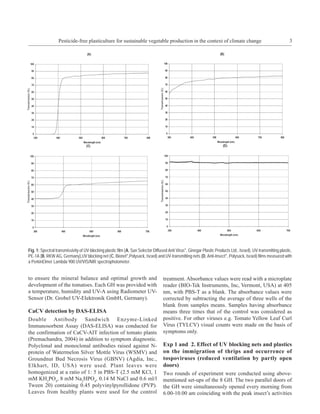 Pesticide-free plasticulture for sustainable vegetable production in the context of climate change                                             3




Fig. 1: Spectral transmissivity of UV-blocking plastic film (A, Sun Selector Diffused Anti Virus®, Ginegar Plastic Products Ltd., Israel), UV-transmitting plastic,
PE-1A (B, RKW AG, Germany),UV blocking net (C, Bionet®,Polysack, Israel) and UV-transmitting nets (D, Anti-Insect®, Polysack, Israel) films measured with
a PerkinElmer Lambda 900 UV/VIS/NIR spectrophotometer.


to ensure the mineral balance and optimal growth and                               treatment. Absorbance values were read with a microplate
development of the tomatoes. Each GH was provided with                             reader (BIO-Tek Instruments, Inc, Vermont, USA) at 405
a temperature, humidity and UV-A using Radiometer UV-                              nm, with PBS-T as a blank. The absorbance values were
Sensor (Dr. Grobel UV-Elektronik GmbH, Germany).                                   corrected by subtracting the average of three wells of the
                                                                                   blank from samples means. Samples having absorbance
CaCV detection by DAS-ELISA                                                        means three times that of the control was considered as
Double Antibody Sandwich Enzyme-Linked                                             positive. For other viruses e.g. Tomato Yellow Leaf Curl
Immunosorbent Assay (DAS-ELISA) was conducted for                                  Virus (TYLCV) visual counts were made on the basis of
the confirmation of CaCV-AIT infection of tomato plants                            symptoms only.
(Premachandra, 2004) in addition to symptom diagnostic.
Polyclonal and monoclonal antibodies raised against N-                             Exp 1 and 2. Effect of UV blocking nets and plastics
protein of Watermelon Silver Mottle Virus (WSMV) and                               on the immigration of thrips and occurrence of
Groundnut Bud Necrosis Virus (GBNV) (Agdia, Inc.,                                  tospoviruses (reduced ventilation by partly open
Elkhart, ID, USA) were used. Plant leaves were                                     doors)
homogenized at a ratio of 1: 5 in PBS-T (2.5 mM KCl, 1                             Two rounds of experiment were conducted using above-
mM KH2PO4, 8 mM Na2HPO4, 0.14 M NaCl and 0.6 ml/l                                  mentioned set-ups of the 8 GH. The two parallel doors of
Tween 20) containing 0.45 polyvinylpyrollidone (PVP).                              the GH were simultaneously opened every morning from
Leaves from healthy plants were used for the control                               6.00-10.00 am coinciding with the peak insect’s activities
 