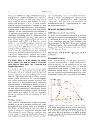 4                                                       Prabhat Kumar

time (Cohen and Melamed-Madjar, 1978). The immigrating            were transformed by square-root transformation before
thrips population were measured by blue sticky traps (BST)        running an ANOVA followed by mean separation using
(25 × 15 cm) positioned half at the plant canopy and half         Fisher’s LSD test (Steel and Torrie, 1980; Gomez and
above canopy. The BST were made from Blue PVC sheets              Gomez, 1984). Data were then back transformed for
coated with insect-glue (Kosfix ®, Kosmix Polymer,                presentation as Mean± SE. A significance level of µ = 0.05
Bangkok, Thailand) on both sides. A total of 6 BST were           was used in for all analysis.
placed for each GH, changed two times a week and number
of thrips trapped at both side of the traps were counted.         RESULTS AND DISCUSSION
Since each trap was considered as one replication total of
10 readings (sampling days) were collected on the                 Light Transmission and Temperature
immigrating thrips inside each 8 GH during each of the            No significant differences in temperatures or humidity
experiments. Additionally, two times a week number of             inside the four greenhouses were found during either round
thrips infested leaves were counted from the non-virus            of experiments. However, the UV light varies under each
infested plants until the fifth week. Two times a week,           GH type either during sunny and cloudy days during each
number of virus infected tomato plants were counted and           four experiments (Fig. 2). The UV levels drops to almost
marked and at the end of the experiments (43 days after           half during cloudy days. During exp. 1 and 2, only 20% of
transplanting), DAS-ELISA tests were carried out to               the days were cloudy whereas during experiment 3 and 4
distinguish between the tospovirus and other viruses e.g.         over 40% days were cloudy.
TYLCV. Since the tospovirus was the most commonly
occurring one, the plants failed to test positive for the CaCV-   Experiment 1 and 2. Partial Open gates (Partial
AIT infection but showing virus symptoms were assumed             Ventilation)
to be infected with the TYCLV (referred as other viruses).
                                                                  Thrips and leaf damage
Exp. 3 and 4. Effect of UV blocking nets and plastics             Thrips, most abundantly recorded species during this
on the immigration and attraction of thrips and                   experiment and immigration of thrips followed similar
occurrence of tospoviruses (full ventilation with                 trends of entry into UV rich greenhouses over the ones
complete open doors)                                              having low UV-intensity. The NB (N+P) GH attracted
Two rounds of experiments were carried out in a similar           significantly highest number of thrips over all other
greenhouse set-up as discussed above except that during           greenhouses. Whereas, the B-N + NB-P and NB (N+P) GH
this round the two doors were kept open during the entire         types had significantly different immigrating thrips for all
period of experiment. The number of thrips were counted           sampling dates (Table 1). Even with a different total number
on the BST as per the procedure explained above. Similarly,
number of thrips infested leaves and virus infected plants
were counted, marked and at the end of experiment, tests
were carried out to distinguish between the tospoviruses
and other viruses. To investigate the abilities of thrips to
reach the experimental GH, two BST each was attached at
the outer walls (centrally placed) and traps were changed
twice a week followed by counting of thrips. The position
and orientation of the traps on all 4 GH types were same.
In this way, abilities of the thrips reaching GH were
determined.

Statistical Analyses
Adult whiteflies, thrips and aphids on traps, alate aphids
and whiteflies on leaves, number of thrips infested leaves,
percentage of virus infected plants were subjected to             Fig. 2: UV-A measurement (W/m2) under each four greenhouses, UV-block-
                                                                  ing net sidewalls with UV-blocking plastic film as roof [ B (N+P)]; UV non-
HOVTEST = LEVENE option of SAS (SAS, 1999) to
                                                                  blocking nets as sidewalls and UV non blocking plastic films as roof [NB
account for homogeneity of variance and normality. In case        (N+P)]; UV-blocking nets as side walls and UV non blocking plastic films as
of non-homogeneity, percent values were transformed using         roof [B-N+NB-P]; and, UV non blocking nets as side wall and UV-blocking
arcsine–square-root (arcsine√) transformation. Insects on         plastics films as roof [NB-N+B=P] using Radiometer UV-Sensor (Dr. Grobel
traps and plants and number of infested leaves count values       UV-Elektronik GmbH, Germany).
 