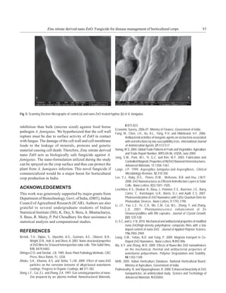 Zinc nitrate derived nano ZnO: Fungicide for disease management of horticultural crops                                                  83




              a                                                                                                                                    b



Fig. 5: Scanning Electron Micrographs of control (a) and nano-ZnO treated hyphae (b) of A. fumigatus.


inhibition than bulk (micron sized) against food borne                                       8:815-823.
                                                                                   Economic Survey, 2006-07. Ministry of Finance, Government of India.
pathogen A. fumigatus. We hypothesized that the cell wall                          Fang, M., Chen, J.H., Xu, X.L., Yang, P.H. and Hildebrand, H.F. 2006.
rupture must be due to surface activity of ZnO in contact                                    Antibacterial activities of inorganic agents on six bacteria associated
with fungus. The damage of the cell wall and cell membrane                                   with oral infections by two susceptibility tests. International Journal
leads to the leakage of minerals, proteins and genetic                                       of Antimicrobial Agents, 27:513-517.
material causing cell death. Therefore, Zinc nitrate derived                       Hunag, W.S. 2004. Global Trade Patterns in Fruits and Vegetables. Agriculture
nano ZnO acts as biologically safe fungicide against A.                                      and Trade Report Number, WRS-04-06. USDA, June 2004.
                                                                                   Jung, S.W., Park, W.I., Yi, G.C. and Kim, M.Y. 2003. Fabrication and
fumigatus. The nano-formulation utilized during the study                                    Controlled Magnetic Properties of Ni/ZnO Nanorod Heterostructures.
can be sprayed on the crop surface and thus can protect the                                  Advanced Materials, 15:1358–1361.
plant from A. fumigates infection. This novel fungicide if                         Latgé, J.P. 1999. Aspergillus fumigatus and Aspergillosis, Clinical
commercialized would be a major boost for horticultural                                      Microbiology Reviews, 12:310-350.
crop production in India.                                                          Lee, Y.J., Ruby, D.S., Peters, D.W., McKenzie, B.B. and Hsu, J.W.P.
                                                                                             2008. ZnO Nanostructures as Efficient Antireflection Layers in Solar
                                                                                             Cells. Nano Letters, 8(5):1501–1505.
ACKNOWLEDGEMENTS                                                                   Leschkies, K.S., Divakar, R., Basu, J., Pommer, E.E., Boercker, J.E., Barry
This work was generously supported by major grants from                                      Carter, C., Kortshagen, U.R., Norris, D.J. and Aydil, E.S. 2007.
Department of Biotechnology, Govt. of India, (DBT), Indian                                   Photosensitization of ZnO Nanowires with CdSe Quantum Dots for
                                                                                             Photovoltaic Devices. Nano Letters, 7:1793-1798.
Council of Agricultural Research (ICAR). Authors are also
                                                                                   Li, J.F., Yao, L.Z., Ye, C.H., Mo, C.M., Cai, W.L., Zhang, Y. and Zhang,
grateful to several undergraduate students of Indian                                         L.D. 2001. Photoluminescence enhancement of Zn
Statistical Institute (ISI), K. Dey, S. Bera, A. Bhattacharya,                               Onanocrystallites with BN capsules. Journal of Crystal Growth,
S. Basu, R. Maity, P. Pal Choudhury for their assistance in                                  223 :535-538.
statistical analysis and computational studies.                                    Li, S.C. and Li, Y.N. 2010. Mechanical and antibacterial properties of modified
                                                                                             nano-ZnO/high-density polyethylene composite films with a low
                                                                                             doped content of nano-ZnO. Journal of Applied Polymer Science,
REFERENCES                                                                                   116:2965-2969.
Breivik, T.H., Diplas, S., Ulyashin, A.G., Gunnæs, A.E., Olaisen, B.R.,            Liang, S.W., Yuhas, B.D. and Yang, P. 2009. Magneto transport in Co-
         Wright, D.N., Holt, A. and Olsen, A. 2007. Nano-structural properties               Doped ZnO Nanowires. Nano Letters, 9:892-896.
         of ZnO films for Si based heterojunction solar cells. Thin Solid Films,   Ma, X.Y. and Zhang, W.D. 2009. Effects of flower-like ZnO nanowhiskers
         515: 8479-8483.                                                                     on the mechanical, thermal and antibacterial properties of
Dhingra O.D. and Sinclair, J.B. 1985. Basic Plant Pathology Methods. CRC                     waterborne polyurethane. Polymer Degradation and Stability,
         Press, Boca Raton, FL, USA.                                                         94:1103-1109.
Dhoke, S.K., Khanna, A.S. and Sinha, T.J.M. 2009. Effect of nano-ZnO               NHB, 2005. Indian Horticulture Database. National Horticultural Board.
         particles on the corrosion behavior of alkyd-based waterborne                       Ministry of Agriculture, Government of India.
         coatings. Progress in Organic Coatings, 64:371-382.                       Padmavathy, N. and Vijayaraghavan, R. 2008. Enhanced bioactivity of ZnO
Dong, L.F., Cui, Z.L. and Zhang, Z.K. 1997. Gas sensing properties of nano-                  nanoparticles: an antimicrobial study. Science and Technology of
         Zno prepared by arc plasma method. Nanostructured Materials,                        Advanced Materials, 9:035004.
 