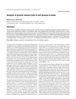 International Journal of InnovativeAnalysis of growth related2012 in turf grasses in India
                                   Horticulture. 1(1):85-86, traits                                                      85
                                                                                                      Short Communications


Analysis of growth related traits in turf grasses in India

Namita and T. Janakiram
Division of Floriculture and Landscaping, IARI, New Delhi – 110 012
Corresponding author: namitabanyal@gmail.com, tolety07@gmail.com

ABSTRACT
The present investigation conducted on eight species and four varieties of turfgrasses depicted significant differences in
all the growth related traits studied. All turfgrasses under study exhibited fine leaf texture except Eragrostis curvula
(Schrad.) Nees, having medium coarse texture, Paspalum notatum Flugge and Argentine bahia having coarse texture and
Poa pratensis L. which exhibited medium fine leaf texture. The Agrostis palustris L. exhibited maximum mean performance
for shoot density/10 cm2 (277.33) whereas minimum was exhibited by Cynodon dactylon L. var Panama (57.67). Maximum
root density/10cm 2 was observed in C. dactylon L. var. Panama (15.80) followed by C. dactylon L. var. Panam (14.87).
Key words: Turfgrass, qualitative and quantitative traits, shoot density, species.


Turf grasses are considered as an integral part of landscape   Division of Floriculture and Landscaping, Indian
ecological systems worldwide which provide aesthetic value     Agricultural Research Institute, New Delhi after rainy
(Roberts et al., 1992). Turf grasses are narrow-leaved grass   season 2011 in a randomized block design with three
species that form a uniform and long-lived ground cover        replications. The above farm is situated at 77o12’E longitude
which can tolerate traffic and low mowing heights (Rongda      28o40’N latitude and at an altitude of 228.16 m above the
et al. 2008). Turf grass is world widely used in enhancing     mean sea level. The observations were recorded on various
and maintaining the function and beauty of lawns, aesthetic    turf grass quantitative traits viz., germination percentage
fields, etc. (Fender, 2006; King and Balogh, 2006), where      (%), shoot Length (cm), root length (cm), fresh weight of
proper selection and care of turf grass depends upon           shoots (g), fresh weight of roots (g), dry weight of shoots
knowledge of the environmental adaptations, cultural           (g), dry weight of roots (g), shoot density per 10 cm2, root
requirements and quality features of the grass species. Most   density per 10 cm2, dry root/shoot ratio, relative water
of the work on turf grasses has been done in foreign           content (RWC – %).
countries viz., USA, Australia, Japan, Singapore, etc., but
                                                               All turf grasses under study exhibited fine leaf texture
these grass species and varieties have not proved suitable
                                                               except Eragrostis curvula (Schrad.) Nees having medium
for Indian agro-climatic conditions because a variety bred
                                                               coarse texture, Paspalum notatum Flugge and Argentine
under a specific climatic zone, may not necessarily perform
                                                               bahia having coarse texture and Poa pratensis L. which
well under other climatic zones. Some preliminary work
                                                               exhibited medium fine leaf texture. Most of the turf grasses
has been carried out concerning this but less information is
                                                               exhibited spreading growth habit except Eragrostis curvula
available on these aspects in India. In order to contribute
                                                               (Schrad.) Nees and Lolium perenne L. having upright
towards improvement in turf grasses, the objective of this
                                                               growth habit. Mean performance of the different species
study was to evaluate turfgrass species and varieties for
                                                               revealed that no single species was superior for all traits
various growth related qualitative and quantitative traits.
                                                               (Table 1). The data revealed a high range in shoot length
The plant materials utilized for the present study consisted   (2.06-15.4 cm), root length (1.20-8.67 cm), relative water
of eight species and four varieties of turf grasses named as   content (54.35-86.41), shoot density per 10cm2 (57.67-
Agrostis palustris L., Eragrostis curvula (Schrad.) Nees,      277.33) and root density per 10cm2 (2.83-15.80). The
Dichondra repens Forst, Paspalum notatum Flugge,               longest shoot was recorded in Eragrostis curvula (Schrad.)
Argentine bahia, Poa pratensis L., Cyndon dactylon L.          Nees (15.4 cm) followed by Lolium perenne L. (13.66 cm)
var bargusto, C. dactylon L. var. Palna, C. dactylon L. var.   and Cyndon dactylon L. var Bargusto (12.4 cm) whereas
Panam, C. dactylon L. var. Panama, C. dactylon L. var.         Argentine bahia exhibited shortest shoots (3.1 cm). This
Selection1, Lolium perenne L. The seeds of turfgrass           might be due to various environmental and genetic factors
species were procured from NBPGR, New Delhi. The               which influence the shoot growth rate, one of them being
present investigation was carried out at Research Farm of      ethylene production which has been reported to influence
 