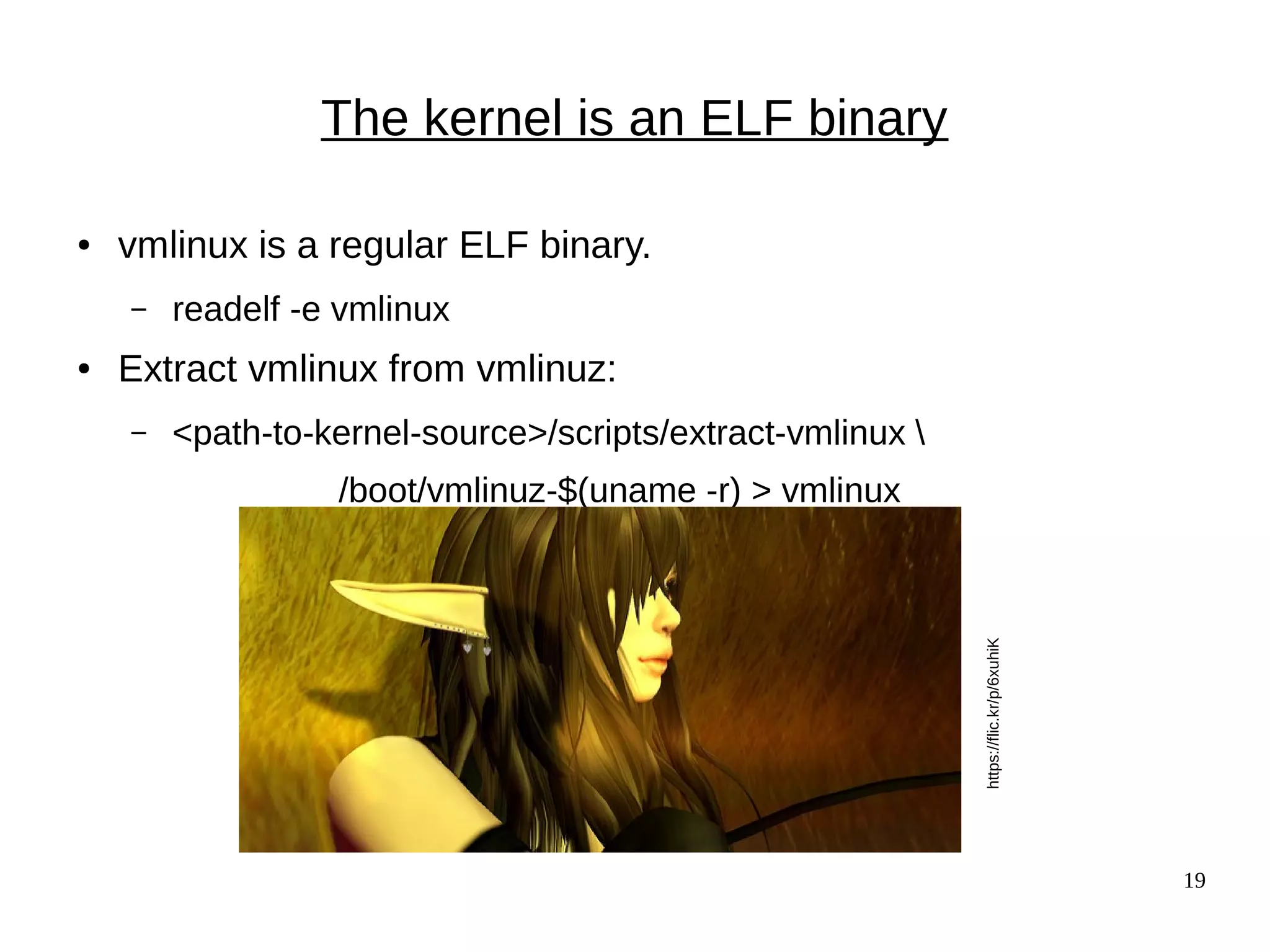 19
The kernel is an ELF binary
● vmlinux is a regular ELF binary.
– readelf -e vmlinux
● Extract vmlinux from vmlinuz:
– <path-to-kernel-source>/scripts/extract-vmlinux 
/boot/vmlinuz-$(uname -r) > vmlinux
https://flic.kr/p/6xuhiK
 