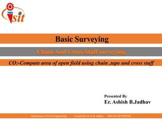 Department of Civil Engineering Created By Er.A.B. Jadhav Mob.No 9075009500
Basic Surveying
Presented By
Er. Ashish B.Jadhav
CO:-Compute area of open field using chain ,tape and cross staff
 