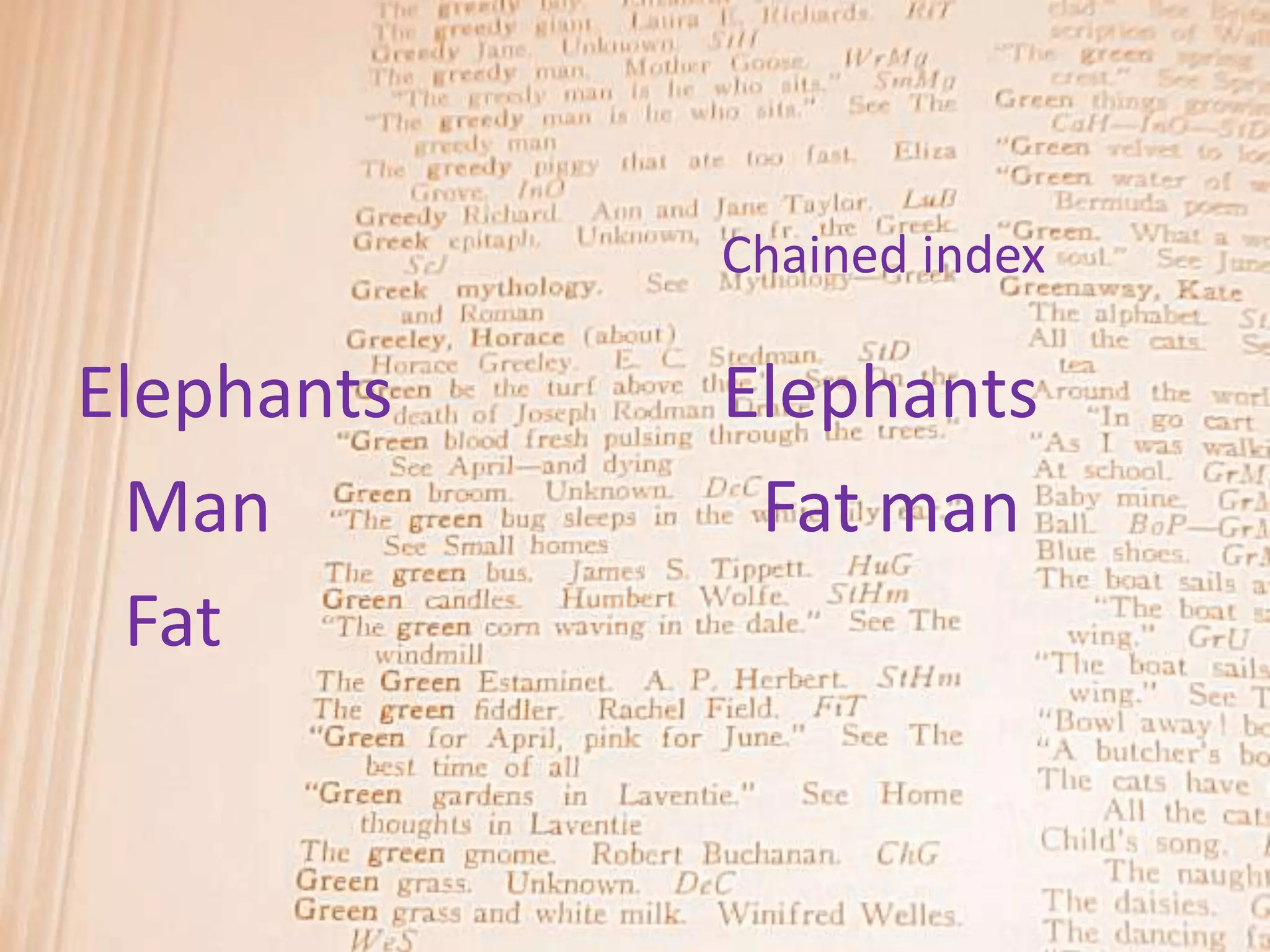 Chained index

Elephants   Elephants
 Man         Fat man
 Fat
 