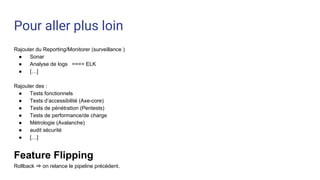 Pour aller plus loin
Rajouter du Reporting/Monitorer (surveillance )
● Sonar
● Analyse de logs ===> ELK
● […]
Rajouter des :
● Tests fonctionnels
● Tests d’accessibilité (Axe-core)
● Tests de pénétration (Pentests)
● Tests de performance/de charge
● Métrologie (Avalanche)
● audit sécurité
● […]
Feature Flipping
Rollback ⇒ on relance le pipeline précédent.
 