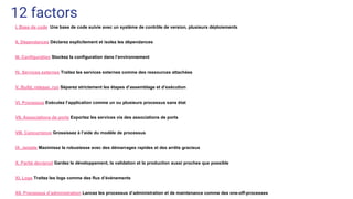12 factors
I. Base de code Une base de code suivie avec un système de contrôle de version, plusieurs déploiements
II. Dépendances Déclarez explicitement et isolez les dépendances
III. Configuration Stockez la configuration dans l’environnement
IV. Services externes Traitez les services externes comme des ressources attachées
V. Build, release, run Séparez strictement les étapes d’assemblage et d’exécution
VI. Processus Exécutez l’application comme un ou plusieurs processus sans état
VII. Associations de ports Exportez les services via des associations de ports
VIII. Concurrence Grossissez à l’aide du modèle de processus
IX. Jetable Maximisez la robustesse avec des démarrages rapides et des arrêts gracieux
X. Parité dev/prod Gardez le développement, la validation et la production aussi proches que possible
XI. Logs Traitez les logs comme des flux d’évènements
XII. Processus d’administration Lancez les processus d’administration et de maintenance comme des one-off-processes
 