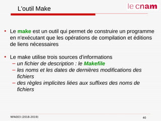 NFA003 (2018-2019)
L'outil Make
• Le make est un outil qui permet de construire un programme
en n'exécutant que les opérations de compilation et éditions
de liens nécessaires
• Le make utilise trois sources d'informations
– un fichier de description : le Makefile
– les noms et les dates de dernières modifications des
fichiers
– des règles implicites liées aux suffixes des noms de
fichiers
40
 