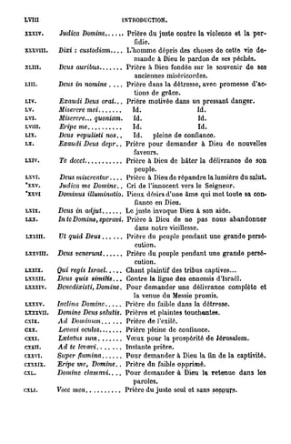 LVII1                            INTRODUCTION.

XXXIV.                                  Prière du juste contre la violence et la per-
                                           fidie.
XXXVIII.   Dixi :       custodiam.... L'homme dé pris des choses do cette vie de-
                                          mande à Dieu le pardon de ses péchés.
XLIII.                                 Prière à Dieu fondée sur le souvenir de ses
                                           anciennes miséricordes.
LUI.       Deus in nomine . . . . Prière dans la détresse, avec promesse d'ac-
                                          tions de grâce.
LIV.       Exaudi Deus         oral... Prière motivée dans un pressant danger.
LV.        Miserere mei                  Id.                     Id.
LVI.       Miserere...     quoniam.       Id.                     Id.
LV1II.                                    Id.                     Id.
LIX.       Deus repulisti       nos..     Id.     pleine de confiance.
LX.        Exaudi Deus         depr.. Prière pour demander à Dieu de nouvelles
                                          faveurs.
LXIV.                                  Prière à Dieu do hâter la délivrance de son
                                          peuple.
LXVI.       Deus        misercatur.... Prière à Diou de répandre la lumièro du salut.
*XXV.       Judica me       Domine.. Cri de l'innocent vers le Seigneur.
*XXVI      Domiîius illuminatio. Pieux désirs d'une âme qui met toute sa con«
                                           fiance en Dieu.
LXIX.                                  Le juste invoque Dieu à son aide.
LXX.       In te Domine,     speravi. Prière à Dieu de ne pas nous abandonner
                                           dans notre vieillesse.
LXXIII.                                Prière du peuple pendant une grande persé-
                                           cution.
LXXVIII.   Deus venerunt               Prière du peuple pendant une grande persé-
                                           cution.
LXXIX.                                 Chant plaintif des tribus captives...
LXXXII.    Deus quis        similis... Contre la ligue des ennemis d'Israël.
LXXXIV.    Bencdixisti,     Domine. Pour demander une délivrance complèto et
                                          la venue du Messie promis.
LXXXV.                                 Prière du faible dans la détresse.
LXXXVII.   Domine Deus salutis. Prières et plaintes touchantes.
cxlx.                                  Prière de l'exilé.
CXX.                                   Prière pleine de confiance.
CXXI.                                  Vœux pour la prospérité de Jérusalem.
CXXII.                                 Instante prière.
CXXVI.     Super flumina               Pour demander à Dieu la fin de la captivité.
CXXXIX.    Eripe me,       Domine.. Prière dn faible opprimé.
CXL.       Domine clamavi..         .. Pour demander à Dieu la retenue dans les
                                          paroles.
CXLI.                                  Prière du juste seul et sans seepurfu
 