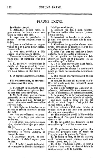 182                            PSAUME LXXVII.




                            PSAUME LXXVII.

   Intellcctus Asaph.                     Intelligence d'Asaph.
    1. Attendite, populo meus, lc-        1. Ecoutez ma loi, ô mon peuple!
gem meam : inclinate aurem ves- prêtez une oreille attentive aux paroles
tram in verha oris mei.                de ma bouche.
   2. Aperiam in parabolis os             2. J'ouvrirai ma bouche en paraboles ;
meum : loquar propositiones ab je dirai des choses cachées dès le com-
initio.                                mencement.
   3. Quanta audivimus et cogno-          3. Combien de grandes choses nous
vimus ea : et patres nostri narra- avons entendues et connues, et que nos
rerunt nobis.                          nos pères nous ont racontées.
   4. Non sunt occultata a filiis         4. Elles n'ont pas été cachées à leurs
eorum, in generatione altéra.          enfants, dans une autre génération.
   Narrantes laudes Domini, et vir-       Ils ont publié les louanges du Sei-
tutes ejus, et mirabilia ejus quœ gneur, les effets de sa puissance, et les
fecit.                                 merveilles qu'il a faites.
   o. Et suscitavit testimonium in        5. Il a fait une ordonnance dans Jacob,
Jacob : et legcm posuit in Israël. et établi une loi dans Israël ;
   Quanta mandavit patribus nos-          Que de grandes choses il a commandé
tris nota faccro ca fdiis suis :       « nos pères do faire connaître à leurs en-
                                       fants,
   6. ut cognoscat generatio altéra.      C. afin qu'une autre génération en eût
                                       connaissance ;
   Filii qui nascentur, et exurgent,      et queues enfants qui naîtront et s'é-
et narrabunt filiis suis,              lèveront après eux, les racontent aussi
                                       à leurs enfants ;
   7. Ut ponant in Deo spem suam,         7. afin qu'ils mettent en Dieu leur es-
et non obliviscantur operum Dei : pérance, qu'ils n'oublient pas ses œuvres,
et mandata ejus exquirant.             et qu'ils observent ses commandements.
   8. Ne fiant sicut patres eorum,        8. De peur qu'ils ne deviennent, commo
generatio prava et exasperans.         leurs pères, une race indocile et rebelle,
   Generatio, quee non direxit cor        une race dont le cœur n'a pas été
suum : et non est creditus cum Deo droit, et dont l'esprit n'est point de-
spiritus ejus.                         meuré fidèle à Dieu.
   0. Filii Ephrem intendentes et         9. Les enfants d'Ephraïm, habiles à
miMcntcs arcum : conversi sunt in tendre f arc et à en tirer, ont tourné lo
die hclli.                             dos au jour du combat.
    10. Non custodierunt testamen-        10. Ils n'ont point gardé l'alliance faite
 tnm Dei : et in lege ejus nolucrunt avec Dieu, et n'ont point voulu marcher
 ambulare.                             dans sa loi.
    11. Et obliti sunt benefactorum       11. Ils ont oublié ses bienfaits et les
 ejus, et mirabilium ejusquaeostcn- merveilles qu'il a faites devant eux.
 dit eis.
    12. Coram patribus eorum fecit        12. En présence do leurs pères, il a
mirabilia in terra ./Egypti, in opéré des prodiges dans la terre de
 campo Taneos.                         l'Egypte, dans la plaine de Tanôs.
    13. Interrupit marc, et per-          13. Il divisa la mer, et les fit passer;
duxit eos : et slatuvt aquas quasi et il resserra ses eaux comme dans uno
in utre.                               outro; Exod. xiv, 21, 22.
    14. Et, dcduxit eos in nube diei :    14. Il les conduisit durant le jour à
 et tota nocte in illuminatione iguis. f ombre d'une nuée; et durant toute la
                                       nuit, à la clarté de la flamme,
 