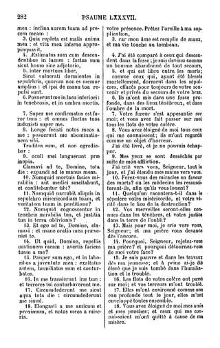 282                          PSAUME LXXXVII.
mea : inclina aurem tuam ad pre-         votre présence. Prêtez l'oreille à ma sup-
ccm meam :                               plication,
   3. Quia repleta est malis anima          3. car mon âme est remplie de maui,
mea : et vita mea infcrno appro-         et ma vie touche au tombeau.
pinquavit.
   4. yEstimatus sum cum descen-            4. J'ai ôté comparé à ceux qui descen-
dentibus in lacum : factus sum           dent dans la fosse ; je suis devenu comme
sicut homo sine adjutorio,               un homme abandonné de tout secours,
   5. inter mortuos liber,                  5. et qui est libre entre, les morts;
   Sicut vulnerati dormientes in            comme ceux qui, ayant été blessés
scpulcbris, quorum non es memor          mortellement, dorment dans les sépul-
amplius : et ipsi de manu tua re-        cres, effacés pour toujours de votre sou-
pulsi sunt.                              venir et privés du secours de votre bras.
   C. Posueruntme in lacu inferiori :       6. Ils m'ont mis dans une fosse pro-
in tenebrosis, et in umbra mortis.       fonde, dans des lieux ténébreux, et dans
                                         l'ombre de la mort.
    7. Super me confirmatus estfu-          7. Votre fureur s'est appesantie sur
ror tuus : et omnes fluctus tuos         moi; et vous avez fait passer sur moi
induxisti super me.                      tous les flots de votre colère.
    8. Longe fecisti notos meos a           8. Vous avez éloigné de moi tous ceux
me : posucrunt me abominatio-            qui me connaissent; ils m'ont regardé
nem sibi.                                comme un objet d'horreur.
    Traditus sum, et non cgrcdie-           J'ai été livré, et je ne pouvais échap-
bar :                                    per.
    9. oculi mei languerunt prse            9. Mes yeux se sont desséchés par
inopia.                                  suite de mon affliction.
    Clamavi ad te, Domine, tota             J'ai crié vers vous, Soigneur, tout le
die : expandi ad te manus meas.          jour, et j'ai étendu mes mains vers vous.
    tO. Numquid mortuis faciès mi-          10. Ferez-vous des miracles en faveur
rabilia : aut medici suscitabunt,        des morts? ou les médecins les ressusci-
et confitebuntur tibi?                   teront-ils, afin qu'ils vous louent?
    1 t. Numquid narrabit aliquis in        11. Quelqu'un racontera-t-il dans 1«
sepulchro misericordiam tuam, et         sépulcre votre miséricorde, et votre vé-
veritatem tuam in perditione?            rité dans le lieu de la destruction?
    12. Numquid cognoscentur in              12. Vos merveilles seront-elles con-
tenebris mirabilia tua, et justitia       nues dans les ténèbres, et votre justice
 tua in terra oblivionis ?                dans la terre de l'oubli?
     13. Et ego ad te, Domine, cla-          13. Mais pour moi, je crie vers vous,
mavi : et mano oratio mea praeve-         Seigneur; et ma prière vous devance
 niot te.                                 dès l'aurore.
    14. Ut quid, Domine, repellis            14. Pourquoi, Seigneur, rejetez-vous
 orationem meam : avertis faciem          ma prière? et pourquoi détournez-vous
 tuam a me?                               de moi votre face?
     10. Pauper sum ego, et in labo-         15. Je suis pauvre et dans les travaux
  ribus a juvpidulc m e a : exallalus     dès ma jeunesso; et h peine ai-jo été
  autem, humiliatus sum et contur-        élevé que je suis tombé dans l'humilia-
  batus.                                  tion et le trouble.
     16. In me transicrunt irse tuaî :       16. Les flots de votre colère ont passé
  et terrorcs tui conturbavorunt me.      sur moi ; et vos terreurs m'ont troublé.
      17. Circumdederunt me sicut            17. Elles m'ont environné comme uno
  aqua tota die : circumdederunt          eau profonde tout le jour, elles m'ont
  me simul.                               enveloppé toutes ensemble.
      18. Elongasti a. me amicum et           18. Vous avez éloigné de moi mos amis
  proximum, et notos mcos a mise-         et mes proches; et ceux qui me con-
  ria.                                    naissaient m'ont quitté â cause do ma
                                          misère.
 