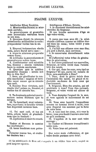 290                             PSAUME LXXXVI1I.




                             PSAUME LXXXVUI.

   Intellectus Ethan Ezrahilaî.              Intelligence d'Ethan, Ezraïto.
   1. MisericordiasDomini in œter-           1. Je chanterai éternellement les misé-
num cantabo.                              ricordes du Seigneur.
   In generationem et generatio-             Et ma bouche annoncera d'âge en
nem annuntiabo veritatem tuam             âge votre vérité,
in ore meo.
  2. Quoniam dixisti : In ceternum           2. parce que vous avez dit : la misé-
misericordia sedificabitur in cœlis :     ricorde s'élèvera comme un édifice éter-
praeparabitur veritas tua in eis.         nel dans les cieux; votre vérité y sera
                                          affermie (1).
    3. Disposui testamentum electis          3. J'ai fait une alliance avec mes élus;
meis, juravi David servo meo :           j'ai juré à David, mon serviteur,
   4. usquc in œtornum pramarabo            4. Je conserverai éternellement votre
semen tuum;                              race,
   Et ccdificabo in generationem et         Et j'affermirai votre trône de généra-
gcnerationetn sedcm tuam.                tion en génération.
   5. Confitebuntur cœli mirabilia          5. Les cieux publieront vos merveilles,
tua, Domine : etenim veritatem           Seigneur, et votre vérité dans l'assem-
tuam in ccclcsia sanctorum.              blée des saints.
   6. Quoniam quis in nubibus               6. Car qui, dans les nues, sera égal au
aequabitm* Domino : similis erit         Seigneur? Et qui, parmi les enfants de
Deo in filiis Dei?                       Dieu, sera semblable à Dieu?
   7. Deus, qui glorificatur in con-        7. Dieu, dont la gloire éclate dans
silio sanctorum : magnus et terri-       l'assemblée des saints, lui grand et re-
bilis super omnes qui in circuitu        doutable au-dessus de tous ceux qui
ejus sunt.                               l'environnent.
   8. Domino Deus virtutum, quis            8. Seigneur, Dieu des armées, qui est
similis tibi? potens es, Domine, et      semblable à vous? Vous êtes puissant,
veritas tua in circuitu tuo.             Seigneur, et votre vérité est autour de
                                         vous.
   9. Tu dominaris potostali maris :        9. Vous domptez l'orgueil do la mer,
motum autem fluctuum ejus tu             et vous apaisez lo mouvement de ses
mitigas.                                 Ilots.
   10. Tu bumiliasti sicut vulnera-         10. Vous avez humilié l'orgueilleux
tum, supcrbum : in bracbio virtutis      comme un homme blessé à mort; vous
tuae dispersisti inimicos tuos.          avez dispersé vos ennemis par la force
                                         do votre bras.
   M. Tui sunt cœli, et tua est             i I. A vous sont les cieux, et à vous la
terra, orbem terra», et plenitudi-       terre; vous avez fondé l'univers avec tout
nem ejus tu fundasti :                   ce qu'il renfei'me.
   12. aquilonem et mare tu creasti.        12. L'aquilon et la mer sont votre
                                         ouvrage :
   Tbabor et Hermon in nomine               Le Tbabor et l'Hcrmon tressailliront à
tuo exnltabunt :                         votre nom.
   13. tuum brachium cum poten-             13. Votre bras est puissant.
tia.
   Firmctur manus tua, et cxalto-          Que votro main s'affermisse, et quo
tur doxtera tua ;                        votre droite paraisse U Y C C éclat.

    (1) La miséricorde de Dieu est n m p i i r é o h un édilice bien assis, auquel on
p e u t toujours njouler.
 