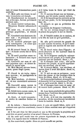 PSAUME CIV.                                    469
ram : et omne firmamentum panis et il brisa toute la force qui vient du
contrivit.                            pain (1).
   17. Misit ante eos virum : in ser-    17. Il envoya devant eux un homme          im

vum venundatus est Joseph.            Joseph, qui fut vendu comme esclave.
   18. Humiliaverunt in compedi-         18. Il fut humilié parles entraves qu'on
bus pedesejus, ferrum pertransiit lui mit aux pieds ; le fer transperça son
animam ejus,                          Amo (2),
   19. douce venirct verbum ejus.        19. jusqu'à ce que sa prédiction fût
    Eloquium Domini inllammavit accomplie.
eum :                                    La parole du Seigneur l'enflamma.
   20. misit rex, et solvit cum ;        20. Le roi envoya rompre ses liens ;
princeps populorum , et dimisit le prince des peuples le mit en liberté.
eum.
   21. Constituit eum dominum do-        21. Il l'établit maître de sa maison, et
mus suaî : et principem omnis à la tête de tout ce qu'il possédait,
possessionis suœ:
   22. Ut erudiret principes ejus        22. afin qu'il instruisît les grands de
sicut semetipsum : et senes ejus sa cour comme lui-même, et qu'il ensei-
prudentiam doceret.                   gnât la sagesse aux anciens de son con-
                                      seil (3).
   23. Et intravit Israël in ^Egyp-      23. Et Israël eutra dans l'Egypte ; et
tum : et Jacob accola fuit in terra Jacob demeura et fut habitant dans la
Cham.                                 terre de Chain.
   24. Et auxit populum suum ve-         24. Et le Seigneur multiplia extraor-
hementer : et firmavit cum suj)er dinaircment son peuple, et le rendit plus
inimicos ejus.                        puissant quo ses ennemis. Exod. i, 17.
   25. Convertit cor eum ut odi-         25. Il changea leur cœur , afin qu'ils
rent populum ejus : et dolum fa- haïssent son peuple, et qu'ils opprimas-
cerent in servos ejus.                sent ses serviteur par la ruse.
   26. Misit Moysen servum tuum;         20. Il envoya Moïse, son serviteur, et
Aaron, quem elegit ipsum.             Aaron, dont il avait fait choix. Exod. m,
                                       10. îv, 29.
   27. Posuit in eis verba signo-        27. Il mit en eux sa puissance, pour
rum suorum , et pçodigiorum in faire des signes et des prodiges dans la
terra Cham.                           terro de Cham. Exod. vu, 10 et suiv.
   28. Misit tenebras , et obscura-      28. Il envoya les ténèbres, et remplit l'air
vit : et non exacerbavit sermoncs d'obscurité; et il no manqua pasd accom-
suos.                                 plir ce qu'il avait dit. Exod. x, 21 (4).
   29. Convertit aquas eorum in          29. Il changea leurs eaux en sang ; et
sanguincm : et occidit pisecs eo- fit mourir leurs poissons. Exod. vu, 20.
rum.
   30. Edidit terra eorum ranas, in      30. Leur terre produisit des grenouilles
penetralibus regum ipsorum.           jusque dans l'intérieur dos palais de lours
                                      rois. Exod. vin, 0.
   31. Dixit, ot veuit cœnomiia :        31. 11 dit, et il vint dos myriades do
et cinifes in omnibus fînibus eo- mouches, et des moucherons envahirent
rum.                                  toute la contrée. Exod. ix, C.
  (1) En hébreu : Omnem baculum panis,       le pain est appelé bâton, parce qu'il
soutient ceux qui s'en nourrissent, connue le bâton soutient ceux qui s'appuient
dessus.
  (2) Il fut jeté dans les fers jusqu'à ce que se fût accomplie la prophétie qu'il
avait faite au grnnd panotier et au grand écliansoji de Pharaon.
  (3) En sorte qu'il rendit tous ses princes dépendants de Joseph, et Joseph
forma à la sagesse tous les vieillards de Pharaon.
  (4) Non exacerbavit, signifie : Dieu u'a point aunuNé ses paroles.
 