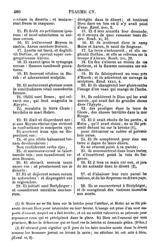 480                                  P A M CV.
                                       S U E
centiam in deserto : et tentave-           déréglés dans le désert; et tentèrent
runt Deum in inaquoso.                     Dieu dans un lieu où. il n'y avait point
                                           d'eau. Exod. xvn, 2.
   Uï. Et dédit eis petitionem ipso-          15. Et il leur accorda leur demande;
rum : et misit saturitatem in ani-         et il envoya de quoi rassasier leurs dé-
mas eorum.                                 sirs. Nomb. xi, 31.
   16. Et irritaverunt Moysen in               16. Et ils irritèrent dans le camp
castris, Aaron sanctum Domini.             Moïse et Aaron, le saint du Seigneur.
   17. Aperta est terra, et degluti-          17. La terre s'entrouvrit, et elle en-
vit Dathan, et operuit super con-          gloutit Dathan, et elle se referma sur la
grcgationem Abiron.                        troupe d'Abiron. Nomb. xvi, 32.
   18. Et exarsitignis in synagoga            18. Un feu s'alluma au milieu de ces
eorum : flamma combussit pecca-            factieux, et la flamme consuma ces mé-
tores.                                     chants.
   19. Et fecerunt vitulum in Ho-             19. Et ils fabriquèrent un veau près
reb : et adoraverunt sculptile.            d'Horeb ; et ils adorèrent un ouvrage de
                                           sculpture. Exod. xxxn, 4.
   20. Et mutavcrunt gloriam suam             20. Et ils changèrent leur gloire contre
in similitudinem vituli comedcntis         l'image d'un veau qui mange de l'herbe.
fœnum.
  21. Obliti sunt Deum, qui sal-              21. Ils oublièrent lo Dieu qui les avait
vavit eos , qui fecit magnalia in          sauvés, qui avait fait de grandes choses
JEgypto .                                  dans l'Egypte,
  22. mirabilia in terra Chain :              22. des prodiges dans la terre de
terribilia in mari Hubro.                  Cham , des choses terribles dans la mer
                                           Rouge.
    23. Et dixit ut disperderet eos :         23. Et il avait résolu de les perdre, si
 si non Moyses electus ejus stetisset      Moïse , qu'il avait choisi, ne se fût pré-
 in confractione in conspectu ejus.        senté devant lui sur la brèche (1),
    Ut avertoret iram ejus ne dis-            pour détourner sa colère et prévenir
 perderet eos :                            leur ruine.
    24. et pro nihilo habuerunt ter-         24. Et ils comptèrent pour rien uno
ram desidcrabilem :                        terre si digne de leurs désirs.
    Non crcdidcrunt verbo ejus ,              Us ne crurent point à sa parole;
    25. et murmuraverunt in tabcr-            25. ils murmurèrent dans leurs tentes;
naculis suis : non exaudierunt vo-         et n'écoutèrent point la voix du Soi-
cem Domini.                                gneur.
    20. Et elevavit manum suam               26. Et il leva sa main sur eux, et jura
 super eos : ut prosterneret eos in        de les anéantir dans le désert (2),
deserto :
    27. Et ut dcjiceret semen eorum          27. et d'abaisser leur race parmi les
in nationibus : et dispcrgeret eos         nations, et de les disperser en divers pays.
in regionibus.
    28. Et initiati sunt Rcclphegor :         28. Ils se consacrèrent à Béelphégor,
et comederuut sacrilicia mortuo-           et ils mangèrent des victimes immolées
rum.                                       aux morts.

  (1) Si Moïse ue se hit tenu sur la brèche pour l'arrêter, si Moïse ne se fut pré-
senté devant Dieu pour intercéder eu leur faveur. L'image est prise d'un mur em-
porté d'assaut, auquel on a fait brèche, et où un soldat valeureux se présente pour
repousser ceux qui se précipitent daus la place. Ici Dieu est l'ennemi qui veut
pénétrer, Moïse le défenseur qui ee tient sur la brèche et demande grâce. (D'Au..)
   (2) Et elevavit peut siguificr qu'il j u r a de les faire tomber morts dans le désert
c o m m e les h o m m e s j u r e n t en levant la main ; on attribue ici cet acte h Dieu,
(Exod. vi, 8).
 