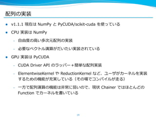 配列列の実装
l  v1.1.1  現在は  NumPy  と  PyCUDA/scikit-‐‑‒cuda  を使っている
l  CPU  実装は  NumPy
–  ⾃自由度度の⾼高い多次元配列列の実装
–  必要なベクトル演算がだいた...