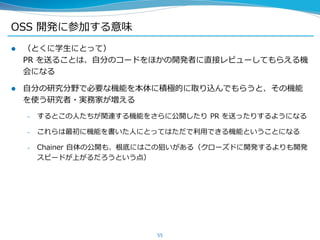 OSS 開発に参加する意味
 （とくに学生にとって）
PR を送ることは、自分のコードをほかの開発者に直接レビューしてもらえる機
会になる
 自分の研究分野で必要な機能を本体に積極的に取り込んでもらうと、その機能
を使う研究者・実務家が増える
– するとこの人たちが関連する機能をさらに公開したり PR を送ったりするようになる
– これらは最初に機能を書いた人にとってはただで利用できる機能ということになる
– Chainer 自体の公開も、根底にはこの狙いがある（クローズドに開発するよりも開発
スピードが上がるだろうという点）
55
 