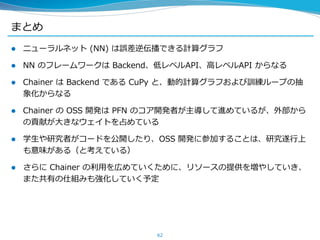 まとめ
 ニューラルネット (NN) は誤差逆伝播できる計算グラフ
 NN のフレームワークは Backend、低レベルAPI、高レベルAPI からなる
 Chainer は Backend である CuPy と、動的計算グラフおよび訓練ループの抽
象化からなる
 Chainer の OSS 開発は PFN のコア開発者が主導して進めているが、外部から
の貢献が大きなウェイトを占めている
 学生や研究者がコードを公開したり、OSS 開発に参加することは、研究遂行上
も意味がある（と考えている）
 さらに Chainer の利用を広めていくために、リソースの提供を増やしていき、
また共有の仕組みも強化していく予定
62
 
