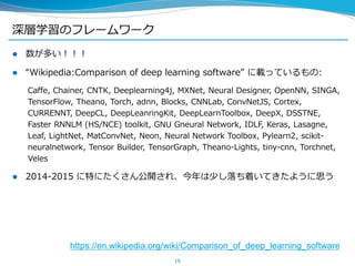 深層学習のフレームワーク
 数が多い！！！
 “Wikipedia:Comparison of deep learning software” に載っているもの:
Caffe, Chainer, CNTK, Deeplearning4j, ...