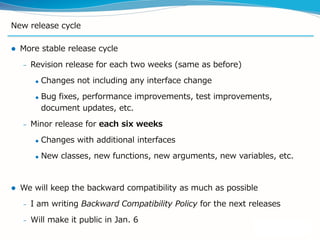 New release cycle
 More stable release cycle
– Revision release for each two weeks (same as before)
 Changes not including any interface change
 Bug fixes, performance improvements, test improvements,
document updates, etc.
– Minor release for each six weeks
 Changes with additional interfaces
 New classes, new functions, new arguments, new variables, etc.
 We will keep the backward compatibility as much as possible
– I am writing Backward Compatibility Policy for the next releases
– Will make it public in Jan. 6
 