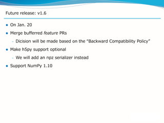Future release: v1.6
 On Jan. 20
 Merge bufferred feature PRs
– Dicision will be made based on the “Backward Compatibility Policy”
 Make h5py support optional
– We will add an npz serializer instead
 Support NumPy 1.10
 