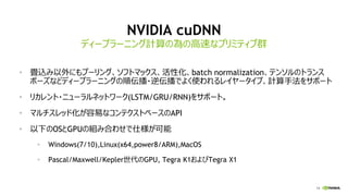 14
NVIDIA cuDNN
• 畳込み以外にもプーリング、ソフトマックス、活性化、batch normalization、テンソルのトランス
ポーズなどディープラーニングの順伝播・逆伝播でよく使われるレイヤータイプ、計算手法をサポート
• リカレント・ニューラルネットワーク(LSTM/GRU/RNN)をサポート。
• マルチスレッド化が容易なコンテクストベースのAPI
• 以下のOSとGPUの組み合わせで仕様が可能
• Windows(7/10),Linux(x64,power8/ARM),MacOS
• Pascal/Maxwell/Kepler世代のGPU, Tegra K1およびTegra X1
ディープラーニング計算の為の高速なプリミティブ群
 