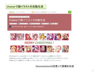 Chainerで顔イラストの自動生成
Deconvolution2Dを使って画像を合成
5
 