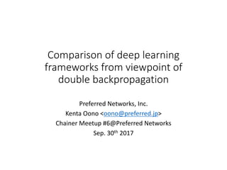 Comparison	of	deep	learning
frameworks	from	a	viewpoint	of
double	backpropagation
Preferred	Networks,	Inc.
Kenta	Oono <oono@preferred.jp>
Chainer Meetup	#6@Preferred	Networks
Sep.	30th 2017
1
 