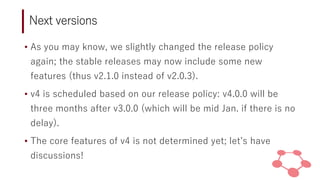 Next versions
• As you may know, we slightly changed the release policy
again; the stable releases may now include some ne...