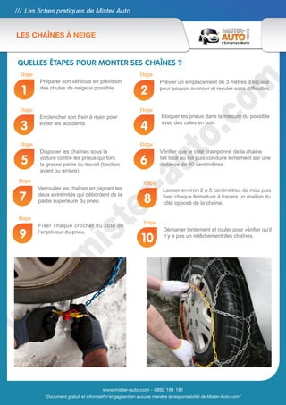 /// Les fiches pratiques de Mister Auto


LES CHAÎNES À NEIGE


QUELLES ÉTAPES POUR MONTER SES CHAÎNES ?
 Etape                                                      Etape
         Préparer son véhicule en prévision                          Prévoir un emplacement de 3 mètres d’espace

  1      des chutes de neige si possible.
                                                            2        pour pouvoir avancer et reculer sans difficultés.



 Etape                                                      Etape
         Enclencher son frein à main pour                             Bloquer les pneus dans la mesure du possible

 3       éviter les accidents.
                                                            4         avec des cales en bois



 Etape                                                      Etape
         Disposer les chaînes sous la                                Vérifier que le côté cramponné de la chaine

 5       voiture contre les pneus qui font
         la grosse partie du travail (traction              6        fait face au sol puis conduire lentement sur une
                                                                     distance de 60 centimètres.
         avant ou arrière).
 Etape                                                       Etape
         Verrouiller les chaînes en joignant les                       Laisser environ 2 à 5 centimètres de mou puis
 7       deux extrémités qui débordent de la
         partie supérieure du pneu.                          8         fixer chaque fermeture à travers un maillon du
                                                                       côté opposé de la chaine.

 Etape
                                                             Etape
         Fixer chaque crochet du côté de
                                                                       Démarrer lentement et rouler pour vérifier qu’il
 9       l’enjoliveur du pneu.
                                                            10         n’y a pas un relâchement des chaînes.




                                         www.mister-auto.com - 0892 181 181
            “Document gratuit et informatif n’engageant en aucune manière la responsabilité de Mister-Auto.com”
 
