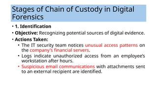 Stages of Chain of Custody in Digital
Forensics
• 1. Identification
• Objective: Recognizing potential sources of digital evidence.
• Actions Taken:
• The IT security team notices unusual access patterns on
the company's financial servers.
• Logs indicate unauthorized access from an employee’s
workstation after hours.
• Suspicious email communications with attachments sent
to an external recipient are identified.
 