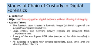 Stages of Chain of Custody in Digital
Forensics
• 2. Collection
• Objective: Securely gather digital evidence without altering its integrity.
• Actions Taken:
• The forensic team creates a forensic image (bit-by-bit copy) of the
suspect’s computer hard drive.
• Logs, emails, and network activity records are extracted from
company servers.
• A copy of the employee’s USB drive (suspected for data transfer) is
made.
• All evidence is tagged with unique identifiers, date, time, and the
identity of the collector.
 
