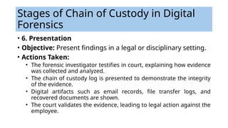 • 6. Presentation
• Objective: Present findings in a legal or disciplinary setting.
• Actions Taken:
• The forensic investigator testifies in court, explaining how evidence
was collected and analyzed.
• The chain of custody log is presented to demonstrate the integrity
of the evidence.
• Digital artifacts such as email records, file transfer logs, and
recovered documents are shown.
• The court validates the evidence, leading to legal action against the
employee.
Stages of Chain of Custody in Digital
Forensics
 