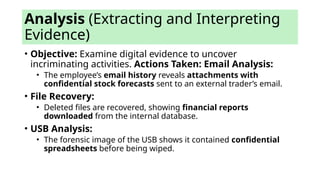 Analysis (Extracting and Interpreting
Evidence)
• Objective: Examine digital evidence to uncover
incriminating activities. Actions Taken: Email Analysis:
• The employee’s email history reveals attachments with
confidential stock forecasts sent to an external trader’s email.
• File Recovery:
• Deleted files are recovered, showing financial reports
downloaded from the internal database.
• USB Analysis:
• The forensic image of the USB shows it contained confidential
spreadsheets before being wiped.
 