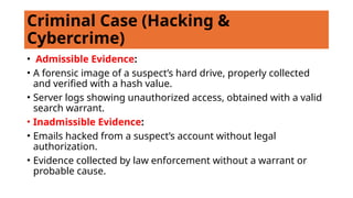 Criminal Case (Hacking &
Cybercrime)
• Admissible Evidence:
• A forensic image of a suspect’s hard drive, properly collected
and verified with a hash value.
• Server logs showing unauthorized access, obtained with a valid
search warrant.
• Inadmissible Evidence:
• Emails hacked from a suspect’s account without legal
authorization.
• Evidence collected by law enforcement without a warrant or
probable cause.
 