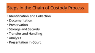 Steps in the Chain of Custody Process
• Identification and Collection
• Documentation
• Preservation
• Storage and Security
• Transfer and Handling
• Analysis
• Presentation in Court
 