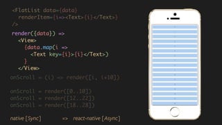 <FlatList data={data}
renderItem={i=><Text>{i}</Text>}  
/>
render({data}) =>  
<View>  
{data.map(i =>  
<Text key={i}>{i}</Text>)  
}  
</View>
onScroll = (i) => render([i, i+10])
onScroll = render([0..10])
onScroll = render([12..22])
onScroll = render([18..28])
native [Sync] => react-native [Async]
 