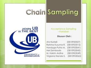 Chain Sampling Acceptance Sampling –Variabel- Disusun Oleh : Aris Nurlaili             (0810950027) Rahma Kusuma R.   (0810953015) Handyga Putra M.   (0810953041) Heri Sembodo          (0810953043) M. Hakim Ardha       (0810953049) Virgiana Nanda S.    (0810953063) 