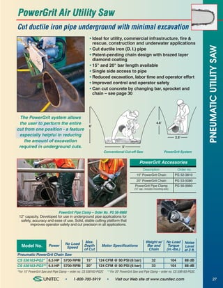 PowerGrit Air Utility Saw
Cut ductile iron pipe underground with minimal excavation
                                                     • Ideal for utility, commercial infrastructure, fire &
                                                       rescue, construction and underwater applications




                                                                                                                                                   PNEUMATIC UTILITY SAW
                                                     • Cut ductile iron (D. I.) pipe
                                                     • Patent-pending chain design with brazed layer
                                                       diamond coating
                                                     • 15" and 20" bar length available
                                                     • Single side access to pipe
                                                     • Reduced excavation, labor time and operator effort
                                                     • Improved control and operator safety
                                                     • Can cut concrete by changing bar, sprocket and
                                                       chain – see page 30




 The PowerGrit system allows
 the user to perform the entire                                                                                4.6’
                                                     6’
cut from one position - a feature
 especially helpful in reducing                                                                                                 2.5’
   the amount of excavation
 required in underground cuts.                                                  5’
                                                                   Conventional Cut-off Saw                           PowerGrit System


                                                                                              PowerGrit Accessories
                                                                                                 Description                        Order no.
                                                                                           15" PowerGrit Chain                  PG 52-3810
                                                                                           20" PowerGrit Chain                  PG 53-5080
                                                                                         PowerGrit Pipe Clamp                   PG 56-9960
                                                                                         (12" cap.; includes mounting axle)




                          PowerGrit Pipe Clamp – Order No. PG 56-9960
 12" capacity. Developed for use in underground pipe applications for
  safety, accuracy and ease of use. Solid, stable cutting platform that
        improves operator safety and cut precision in all applications.




                                   No Load        Max.                                              Weight w/           No Load         Noise
   Model No.           Power        Speed        Depth        Motor Specifications                  Bar and              Torque         Level
                                                 of Cut                                              Chain              (in.-lbs.)      at 3 ft.
Pneumatic PowerGrit Chain Saw
CS 536163-PG2* 6.5 HP             5700 RPM         15"      124 CFM @ 90 PSI (6 bar)                      32                  104       88 dB
CS 536163-PG3** 6.5 HP            5700 RPM         20"      124 CFM @ 90 PSI (6 bar)                      33                  104       88 dB
*For 15" PowerGrit Saw and Pipe Clamp – order no. CS 536163-PG2C     **For 20" PowerGrit Saw and Pipe Clamp – order no. CS 536163-PG3C

                                   •     1-800-700-5919             •     Visit our Web site at www.csunitec.com                                          27
 