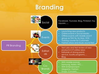 Branding
                         Facebook, Youtube, Blog, Pinterest, Fou
               Social    rsquare…..



                         •   Launching new products.
                         •   Online events in Social Media.
                         •   Offline events with Mobile and IT
               Events        group as Tinh Te, So Hoa, VOZ.
                         •   Training course for Customers
                         •   Fashion show and Music sound fest.
PR Branding
                         •   Test Labs and test review of new
                             products in IT online news
               Editori   •   Editorials of strong points:
                als          service, loyalty programs….
                         •   Blog.

                         •   With Mobile brands:
                             Samsung, Nokia, HTC…
                Co-      •   With Entertainment:
               Brands        Megastar, Fashion
                             Shops, Concerts…
 