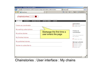 Startpage the first time a user enters the page Chainstories : User interface : My chains 