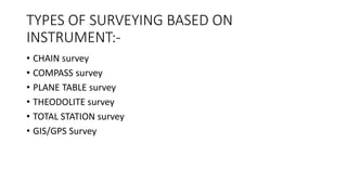 TYPES OF SURVEYING BASED ON
INSTRUMENT:-
• CHAIN survey
• COMPASS survey
• PLANE TABLE survey
• THEODOLITE survey
• TOTAL STATION survey
• GIS/GPS Survey
 
