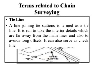 Terms related to Chain
Surveying
• Tie Line
• A line joining tie stations is termed as a tie
line. It is run to take the interior details which
are far away from the main lines and also to
avoids long offsets. It can also serve as check
line.
 