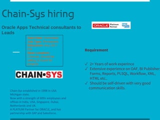 Chain-Sys hiring
Oracle Apps Technical consultants to
Leads
Start Date: Immediate
Job Type: Permanent
Education: Any UG /
PG
Base Location:
Chennai, should be
willing to travel for
projects
Requirement
✓ 2+ Years of work experince
✓ Extensive experience on OAF, BI Publisher,
Forms, Reports, PLSQL, Workflow, XML,
HTML etc..
✓ Should be self-driven with very good
communication skills.
Chain-Sys established in 1998 in USA
Michigan state.
Now with a strength of 600+ employees and
offices in India, USA, Singapore, Dubai,
Netherlands and UK.
A PLATIUM Partner for ORACLE, and has
partnership with SAP and Salesforce.
 