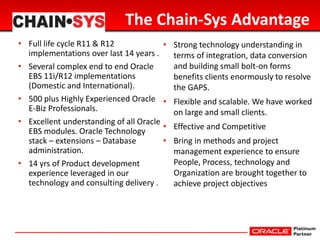 The Chain-Sys Advantage
• Full life cycle R11 & R12
implementations over last 14 years .
• Several complex end to end Orac...