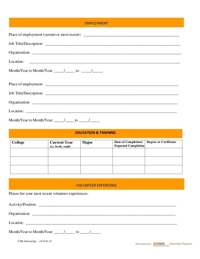 cha student internship program application summer 2013