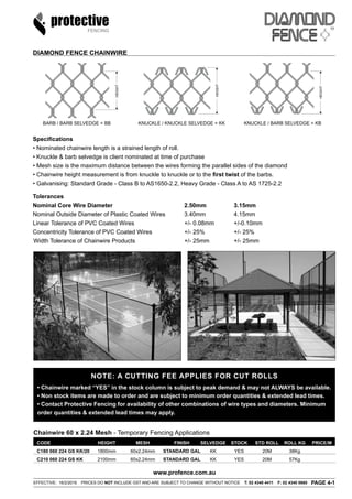 DIAMOND FENCE CHAINWIRE
Specifications
• Nominated chainwire length is a strained length of roll.
• Knuckle & barb selvedge is client nominated at time of purchase
• Mesh size is the maximum distance between the wires forming the parallel sides of the diamond
• Chainwire height measurement is from knuckle to knuckle or to the first twist of the barbs.
• Galvanising: Standard Grade - Class B to AS1650-2.2, Heavy Grade - Class A to AS 1725-2.2
Tolerances
Nominal Core Wire Diameter	 2.50mm	 3.15mm
Nominal Outside Diameter of Plastic Coated Wires	 3.40mm	 4.15mm
Linear Tolerance of PVC Coated Wires	 +/- 0.08mm	 +/-0.10mm
Concentricity Tolerance of PVC Coated Wires	 +/- 25%	 +/- 25%
Width Tolerance of Chainwire Products	 +/- 25mm	 +/- 25mm
TM
EFFECTIVE: 16/2/2016 PRICES DO NOT INCLUDE GST AND ARE SUBJECT TO CHANGE WITHOUT NOTICE T: 02 4340 4411 F: 02 4340 0660 PAGE 4-1
www.profence.com.au
HEIGHT
HEIGHT
HEIGHT
BARB / BARB SELVEDGE = BB KNUCKLE / KNUCKLE SELVEDGE = KK KNUCKLE / BARB SELVEDGE = KB
FENCING
Chainwire 60 x 2.24 Mesh - Temporary Fencing Applications
	 CODE	 HEIGHT	 MESH	 FINISH	 SELVEDGE	 STOCK	 STD ROLL 	 ROLL KG	 PRICE/M
	 C180 060 224 GS KK/20	 1800mm	 60x2.24mm	 STANDARD GAL	 KK	 YES	 20M	 38Kg	
	 C210 060 224 GS KK	 2100mm	 60x2.24mm	 STANDARD GAL	 KK	 YES	 20M	 57Kg	
NOTE: A CUTTING FEE APPLIES FOR CUT ROLLS
• Chainwire marked “YES” in the stock column is subject to peak demand & may not ALWAYS be available.
• Non stock items are made to order and are subject to minimum order quantities & extended lead times.
• Contact Protective Fencing for availability of other combinations of wire types and diameters. Minimum
order quantities & extended lead times may apply.
 