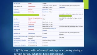 12) This was the list of annual holidays in a country during a
certain period. What has been blanked out?
 