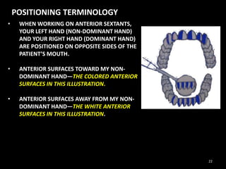 • WHEN WORKING ON ANTERIOR SEXTANTS,
YOUR LEFT HAND (NON-DOMINANT HAND)
AND YOUR RIGHT HAND (DOMINANT HAND)
ARE POSITIONED ON OPPOSITE SIDES OF THE
PATIENT’S MOUTH.
• ANTERIOR SURFACES TOWARD MY NON-
DOMINANT HAND—THE COLORED ANTERIOR
SURFACES IN THIS ILLUSTRATION.
• ANTERIOR SURFACES AWAY FROM MY NON-
DOMINANT HAND—THE WHITE ANTERIOR
SURFACES IN THIS ILLUSTRATION.
POSITIONING TERMINOLOGY
22
 