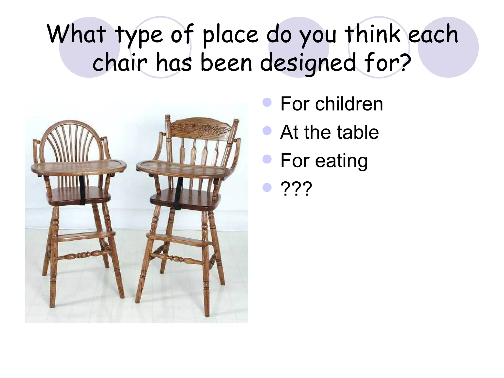 What type of place do you think each chair has been designed for? For children At the table For eating ??? 